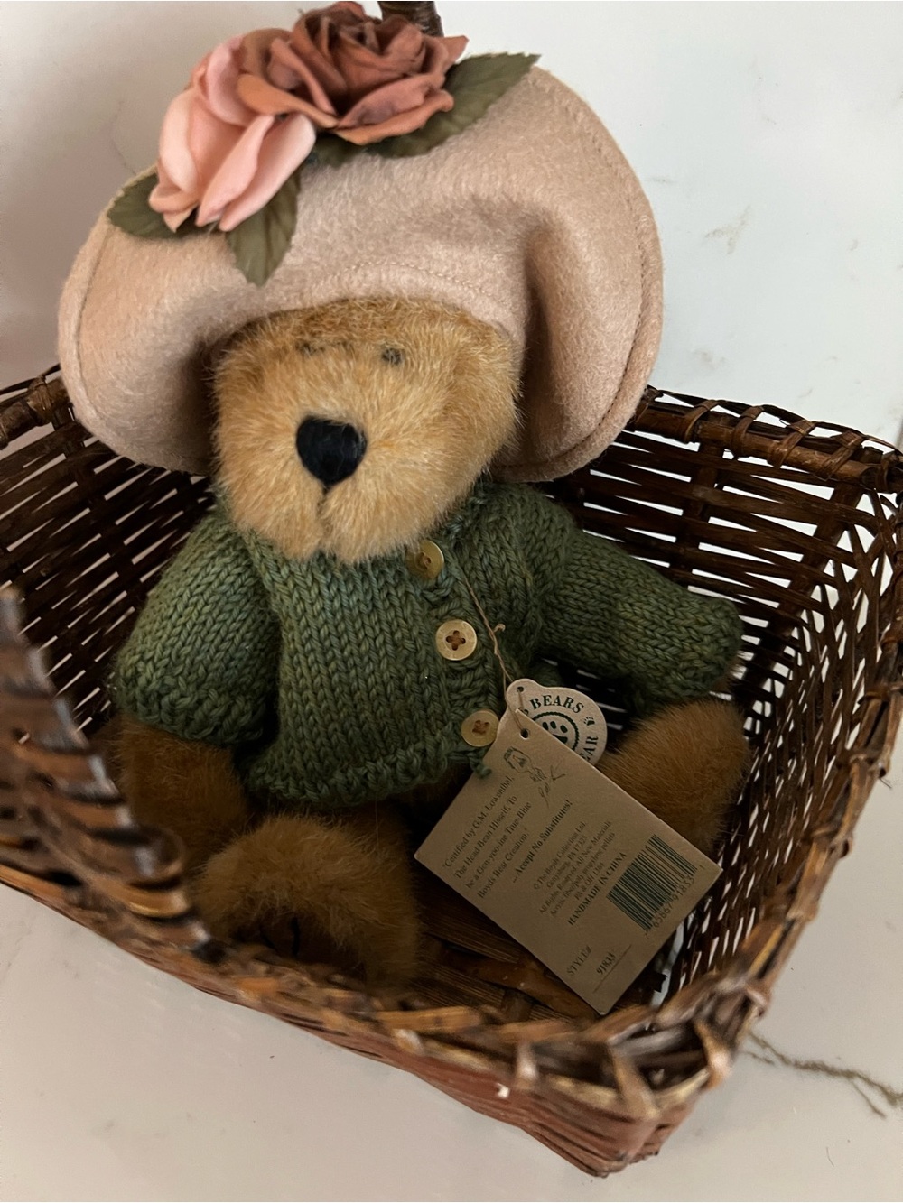 Boyds Bears Plush Teddy in Green Sweater with Pink Flowered Hat